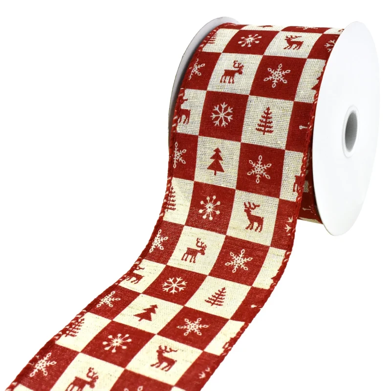 christmas buffalo check wired ribbon 2 5 x 10yd red cream