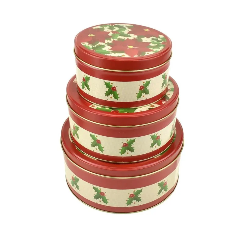 christmas cookie tins poinsettia holly design 3 sizes red white