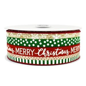 christmas faux linen wired ribbon 2 5 x 50yd stripes snowflakes