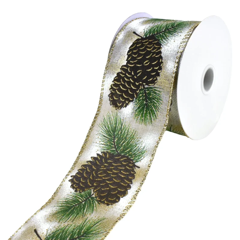 christmas pine pinecone wired ribbon 2 5 x 10 yards