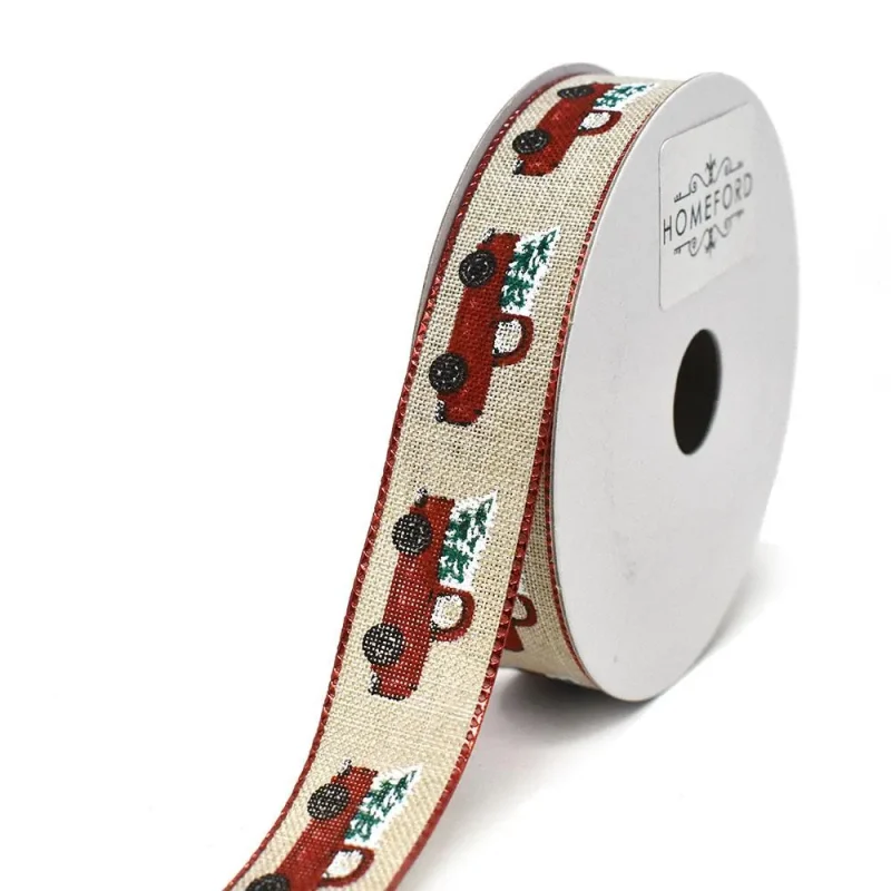 christmas ribbon snowy tree red truck 7 8 x 10yd natural linen