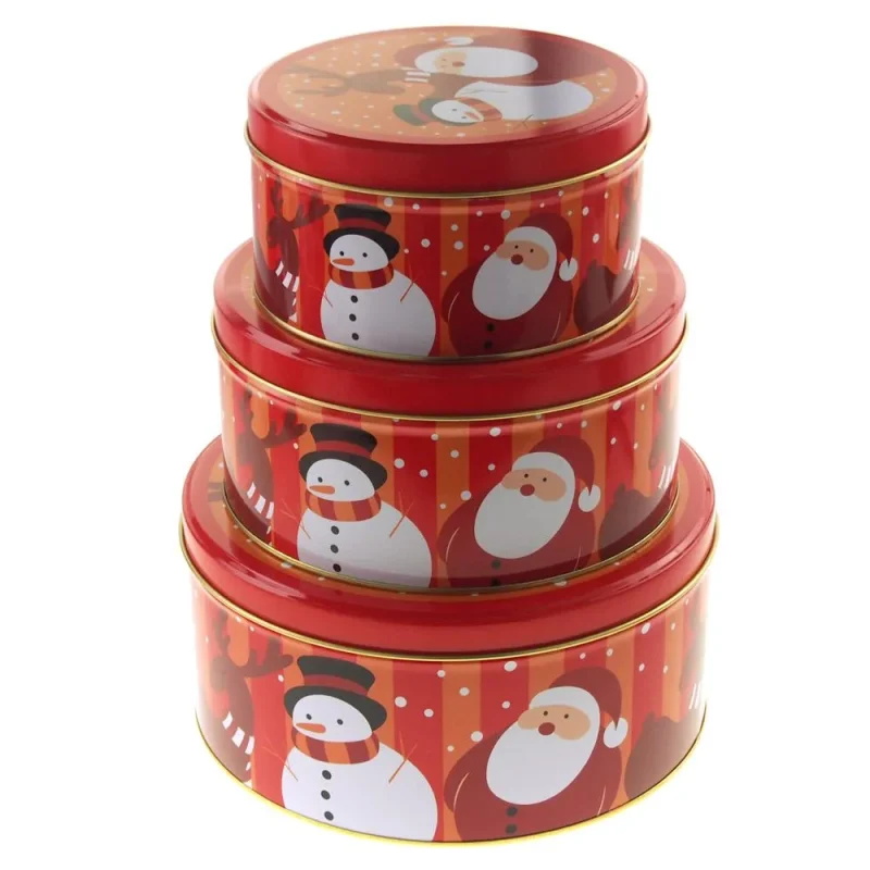 christmas round cookie tin with santa snowman 3 sizes red