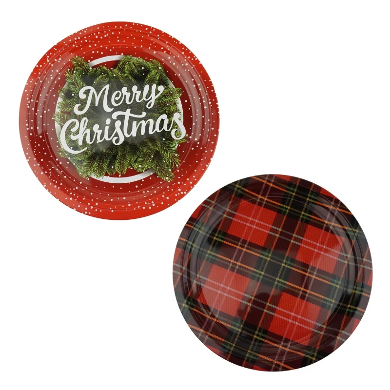 christmas snow plaid round tin plates 10 inch 2 piece set