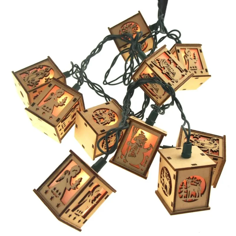 christmas wood lantern set with 10 led lights 2 inch