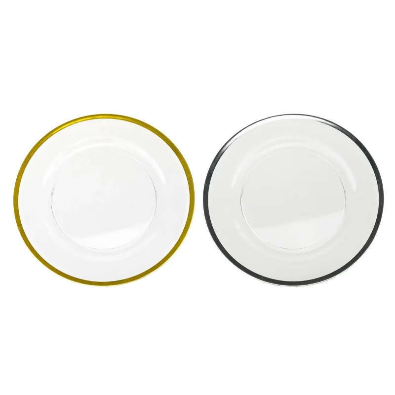 clear round plastic charger plate with metallic trim 13 inch