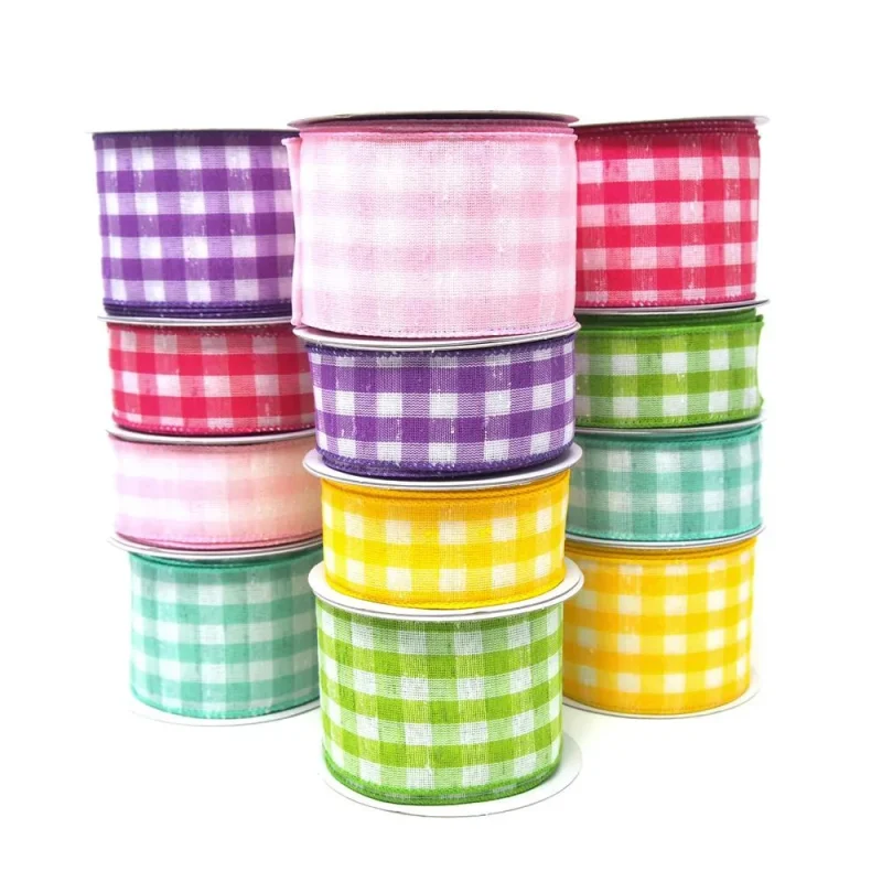 colorful gingham linen checkered wired ribbon 10 yds