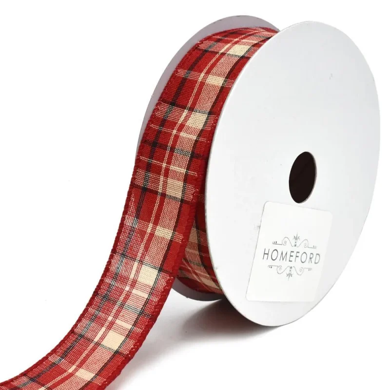 cranberry plaid wired christmas ribbon 1 5 x 20yd polyester