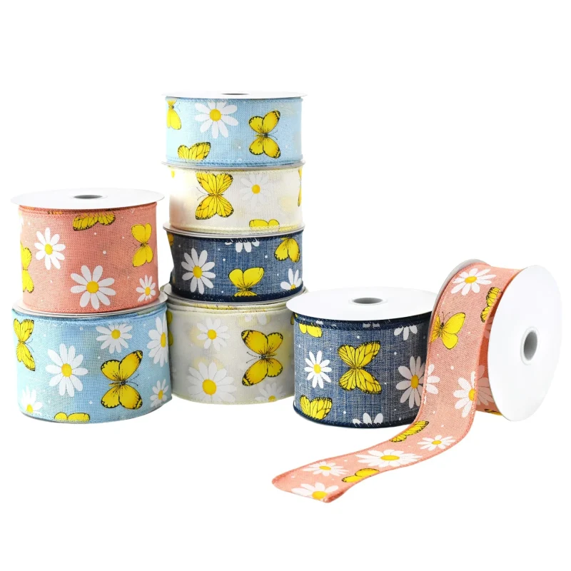 daisies butterflies faux linen wired ribbon 10 yards