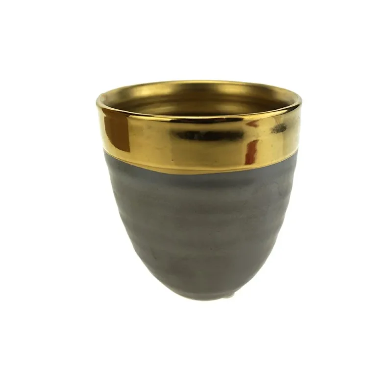 dark gray ceramic pot w gold rim 4 25