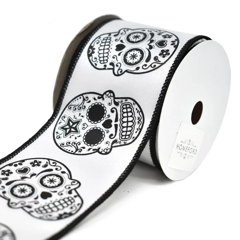 day of the dead sugar skull wired ribbon white 2 5 inch