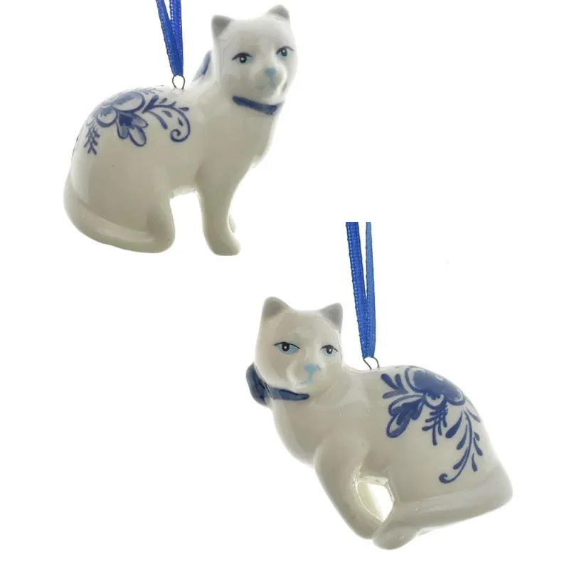 delft blue 2 piece cat figurine set white