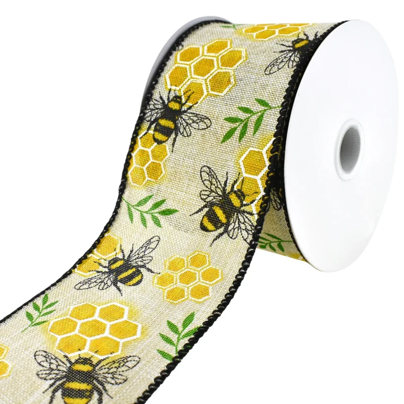 faux linen honeycomb bee wired ribbon 2 5 x 10yd