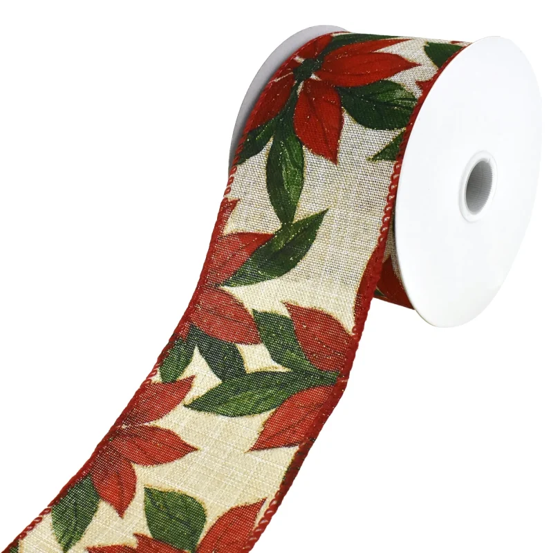 faux linen poinsettia wired christmas ribbon 2 5 x 10yd