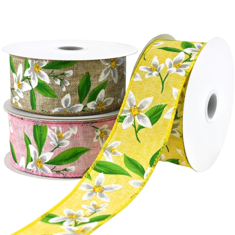 faux linen wired spring lillies ribbon 1 5 x 10 yards