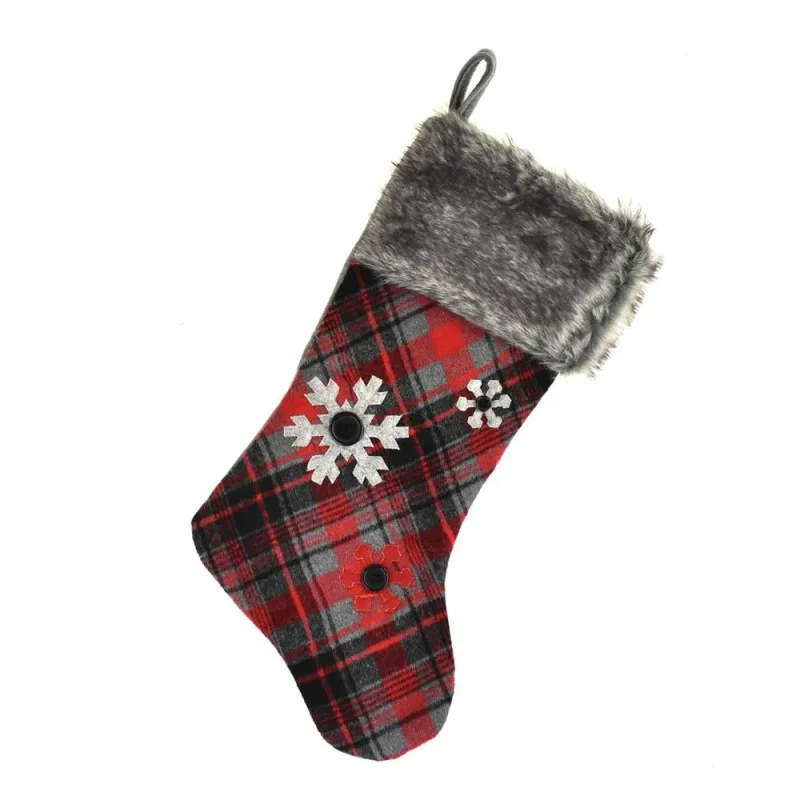 felt plaid snowflake christmas stocking with faux fur cuff red black 18