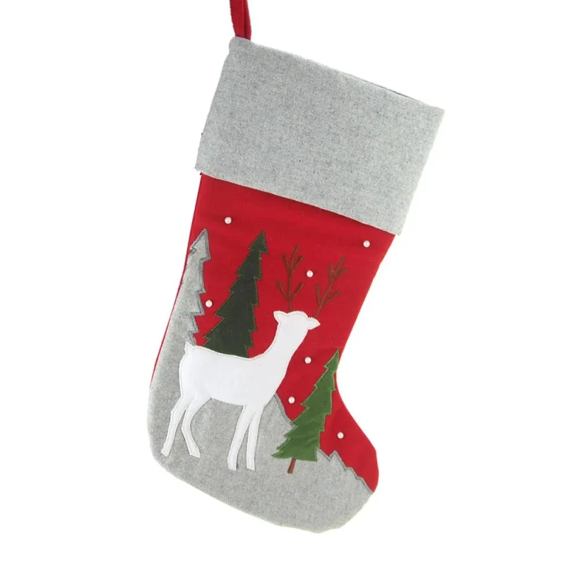 felt reindeer tree embroidered christmas stocking gray cuff red gray 17