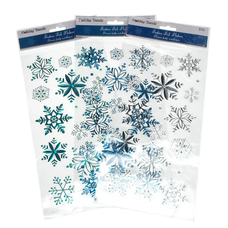 festive foil snowflake stickers royal blue turquoise silver 3 pack