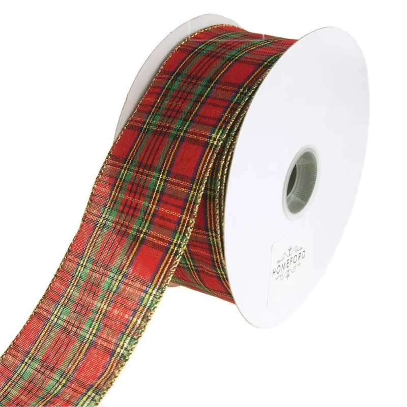 festive plaid wired christmas ribbon red 50 yards 2 5 inch