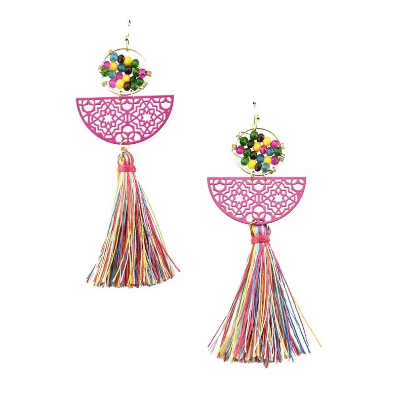 filigree glass bead tassel earrings 3 25 inch