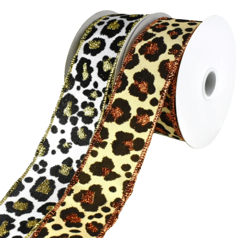 flocked cheetah print satin wired ribbon 10 yards