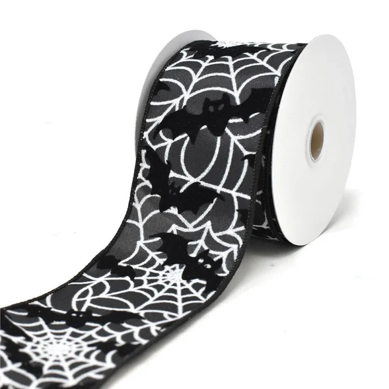 flocked halloween web bat satin ribbon 2 5x10yd gray