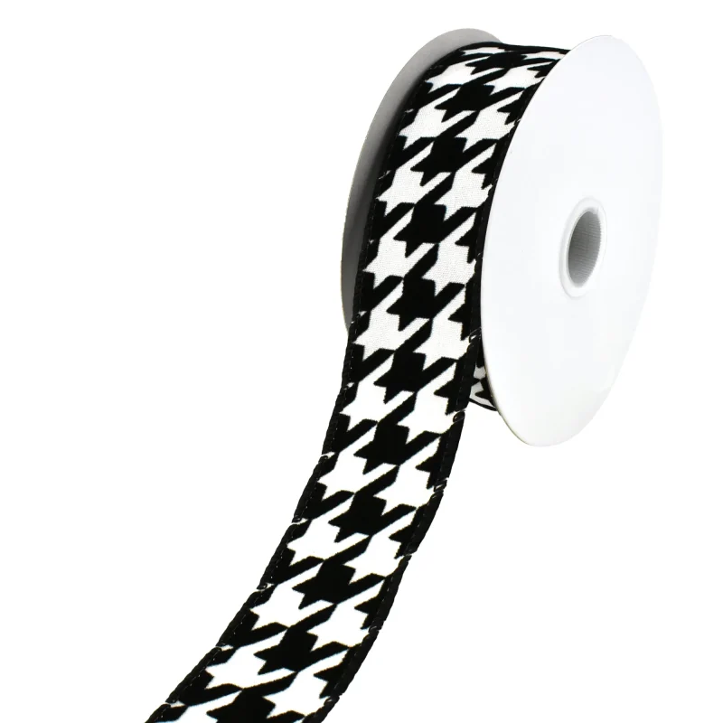 flocked houndstooth wired ribbon 1 5 x 10 yards winter design