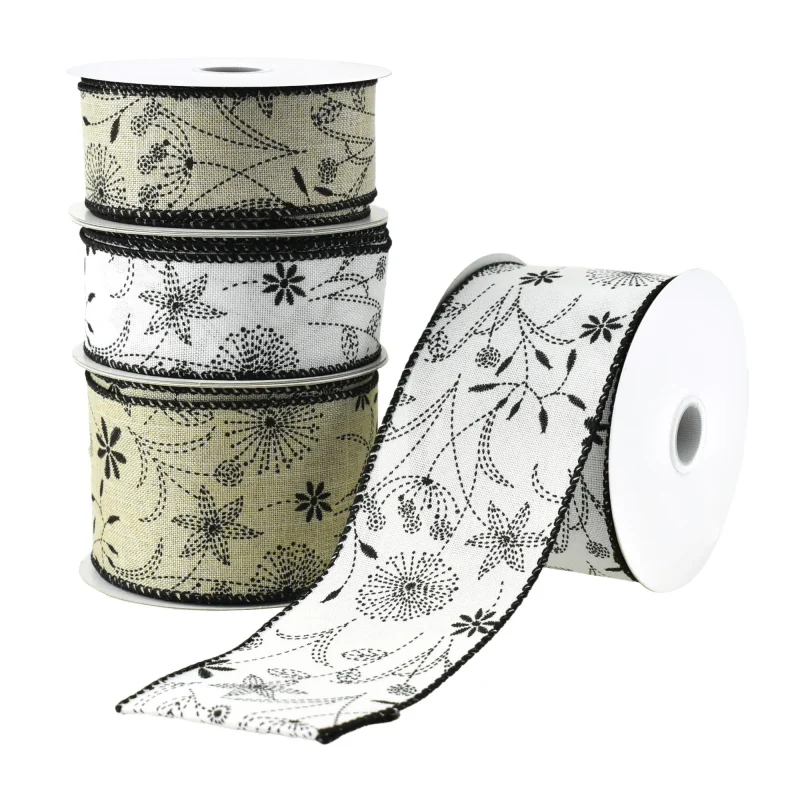 floral faux linen wired ribbon 10 yards