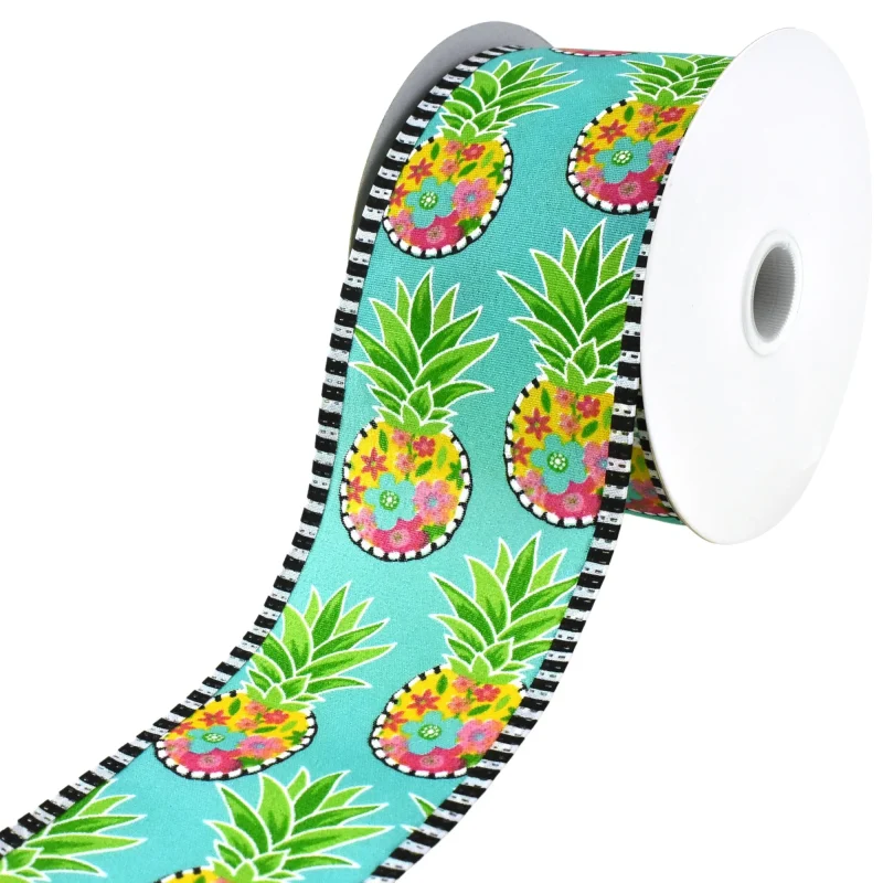 floral pineapple striped wired ribbon 2 5 x 10 yards