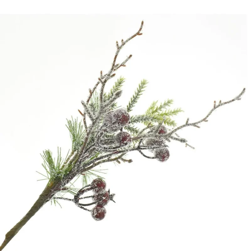 frosted pine branch w red berries 10 inch