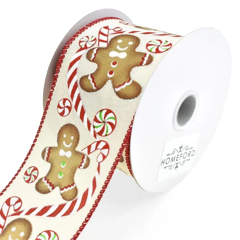 gingerbread man christmas ribbon ivory 2 5 x 10yd wired edge linen