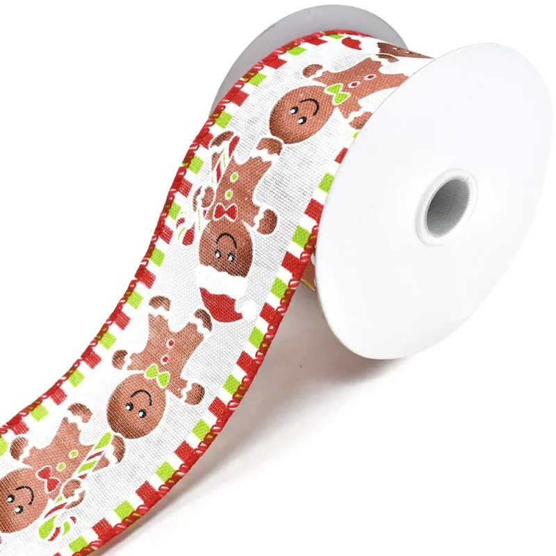 gingerbread man christmas ribbon white 2 5 x 10 yards linen wired edge