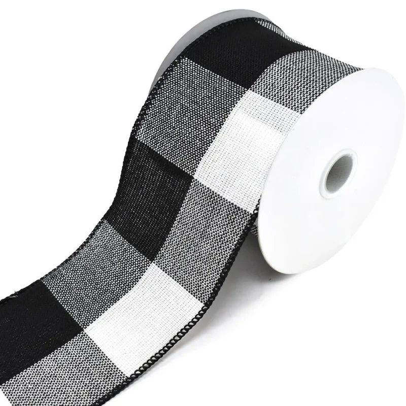 gingham christmas ribbon black white 4 x 10yd wired edge