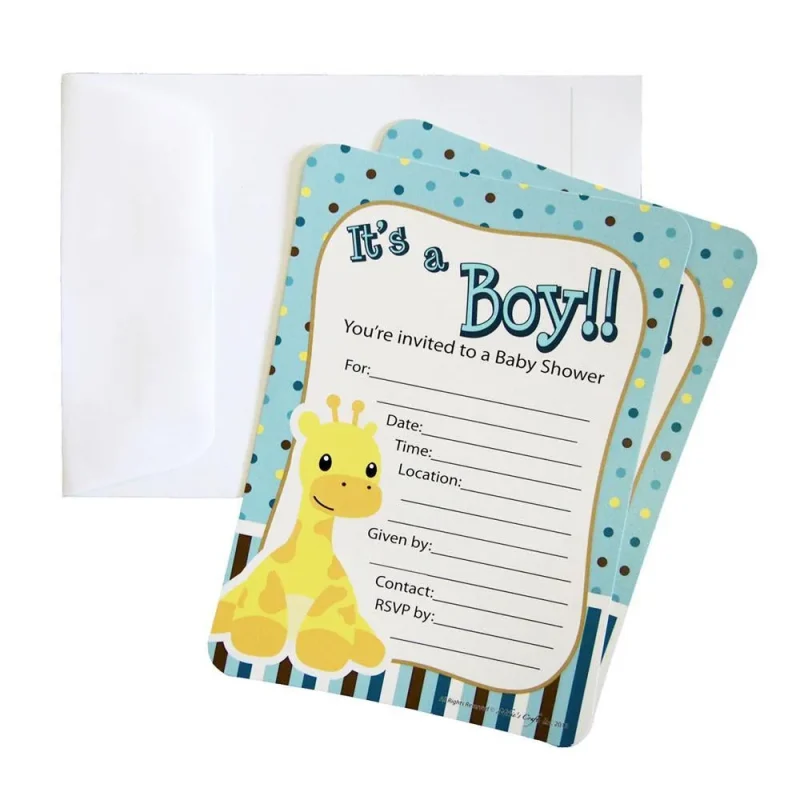 giraffe light blue baby shower invitation envelopes 7 inch 12 pack