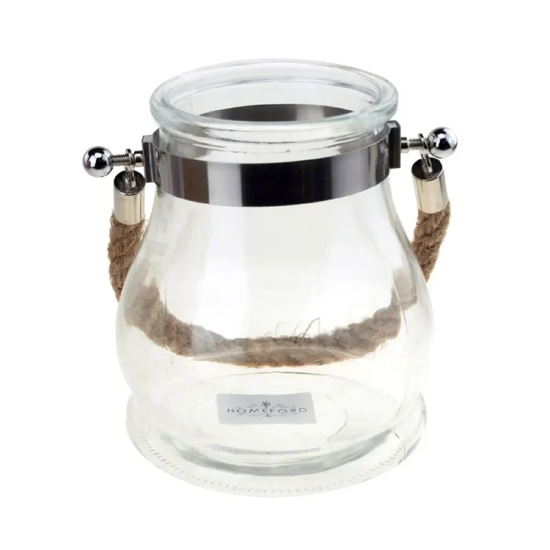 glass candle lantern with rope handle 6 inch round