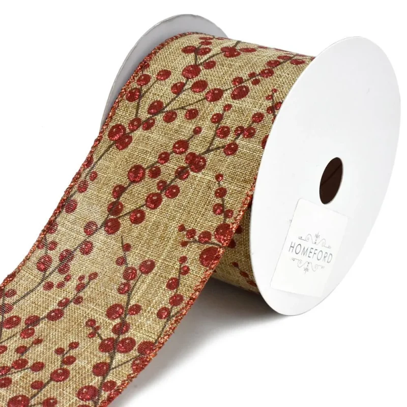 glitter berry branch christmas ribbon 2 5 x 10yd linen wired