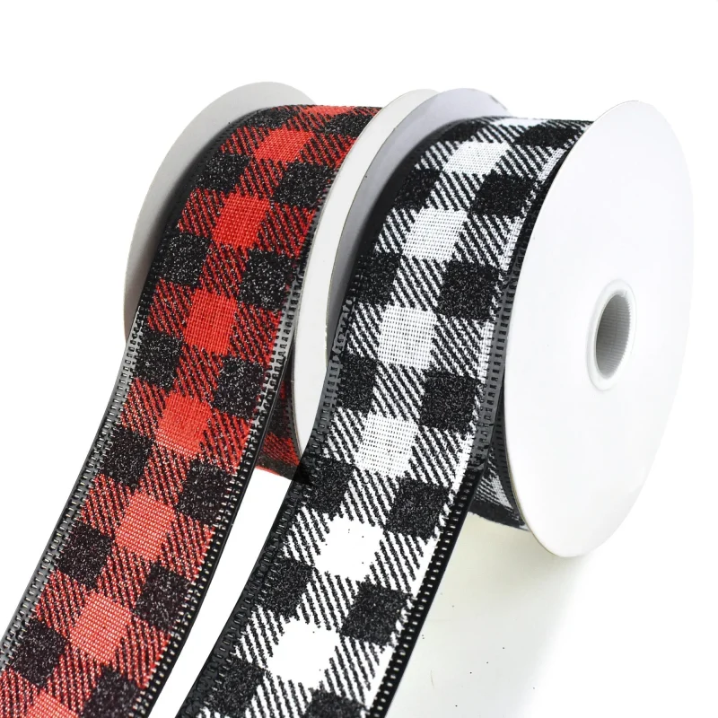 glitter buffalo plaid wired ribbon 1 5 x 10 yards