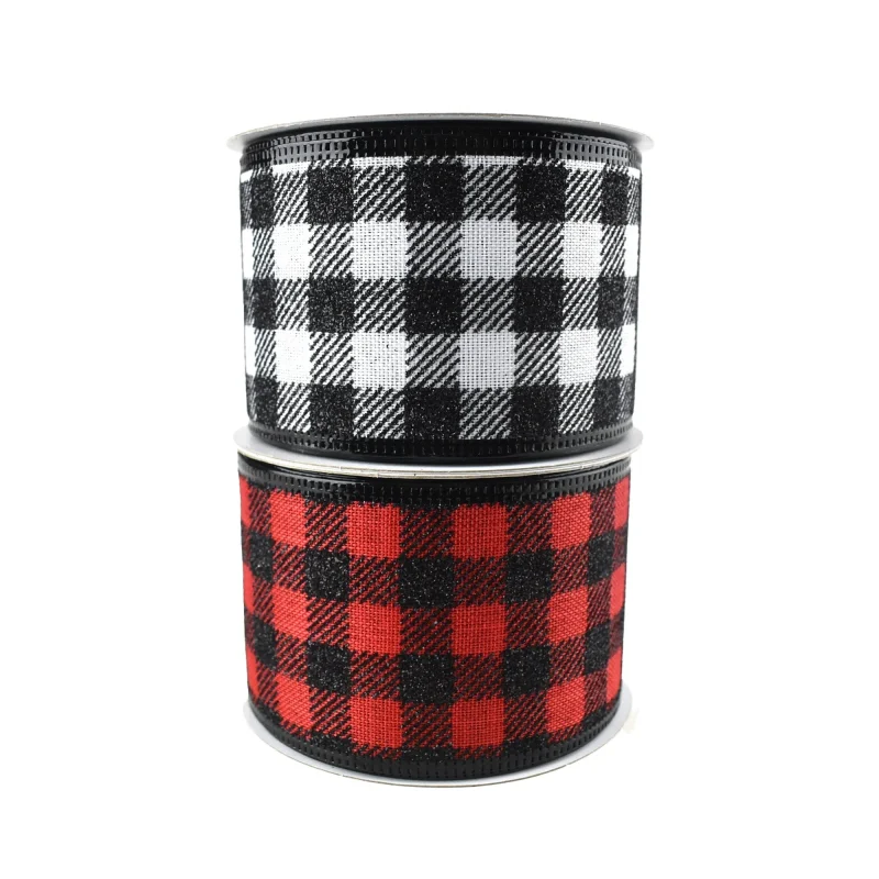 glitter buffalo plaid wired ribbon 2 5 10yd roll