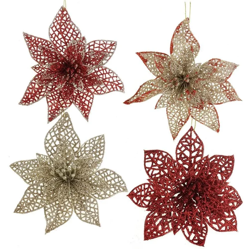 glitter christmas floral ornaments red champagne 8 piece set