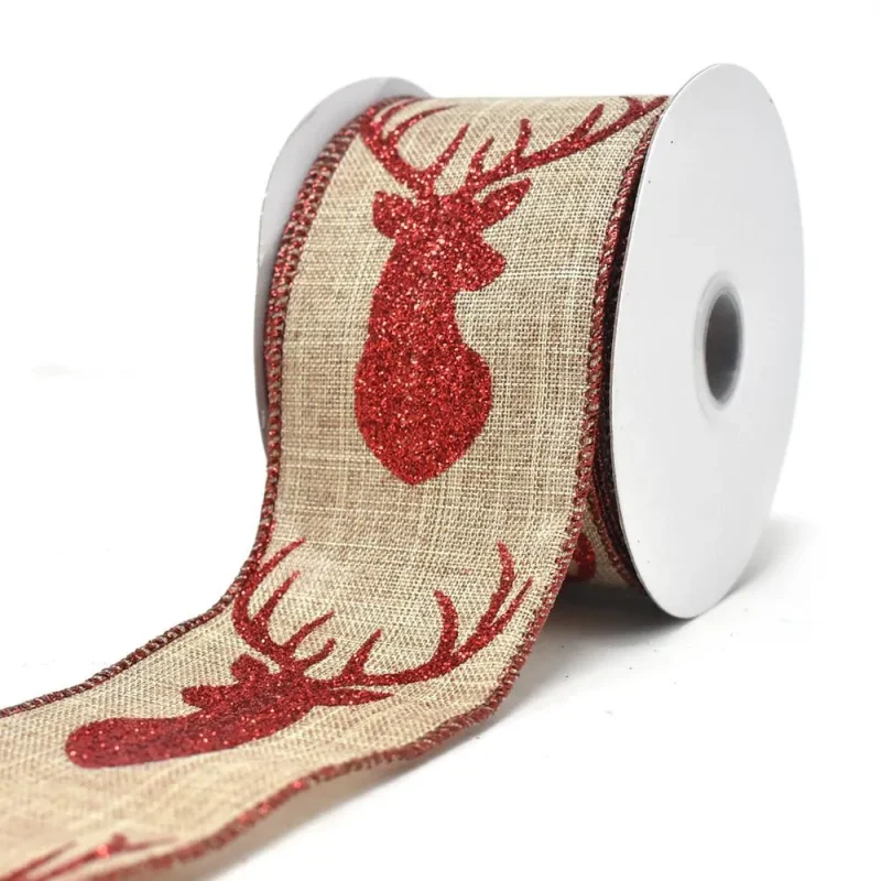 glitter deer antler wired christmas ribbon natural 2 5 x 10 yards