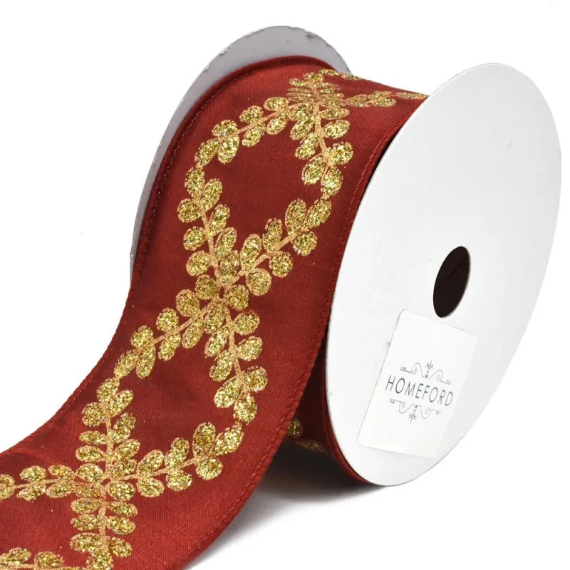 glitter filigree scroll dupioni christmas ribbon scarlet 2 5 x 10yd