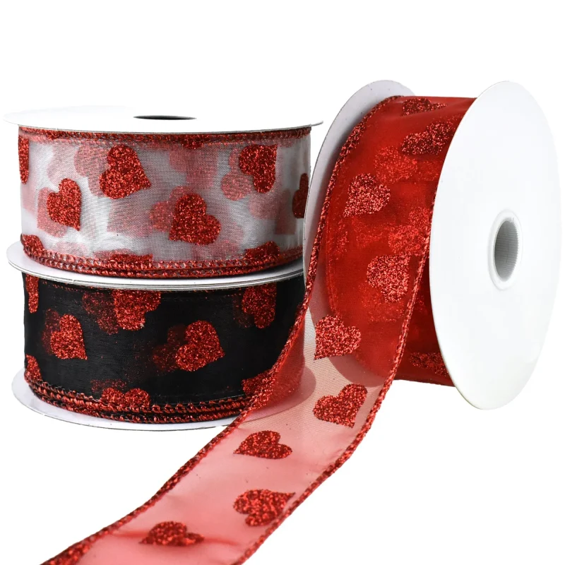 glitter hearts organza ribbon 1 5 x 10 yards valentine s day decor