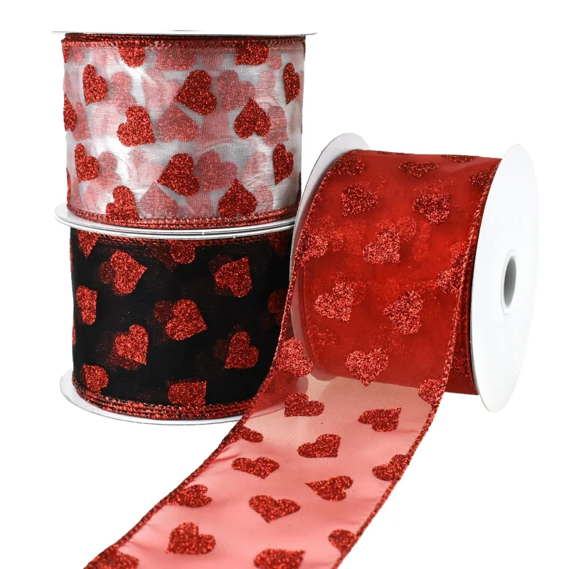 glitter hearts organza ribbon for valentine s day 2 5 x 10 yards