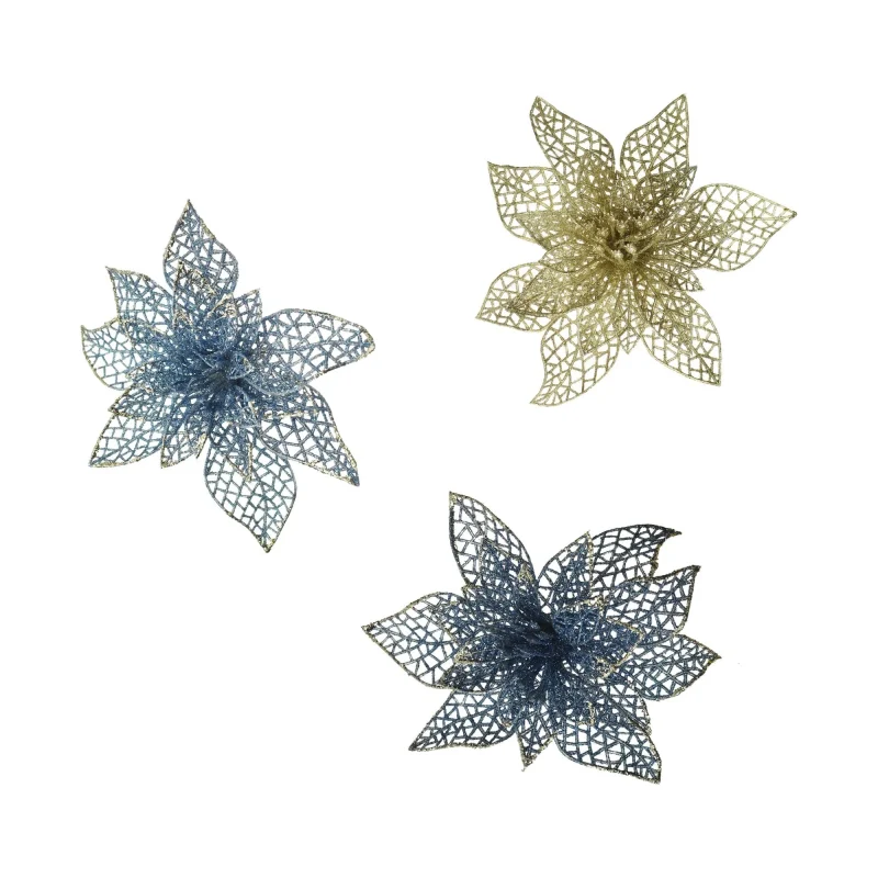 glitter lace poinsettia clip decor navy blue 5 5 set of 3