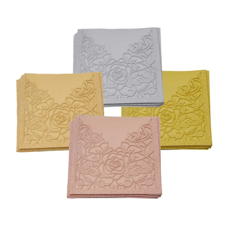 glitter laser cut rose invitations 6 square 8 pack