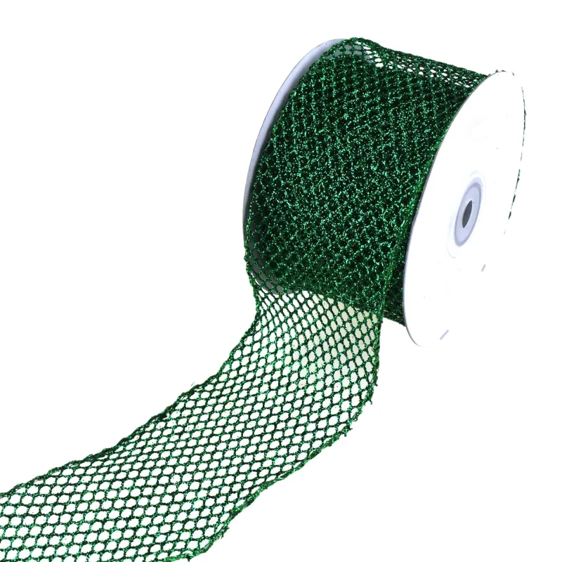 glitter net wired ribbon 2 5 x 10yd hunter green