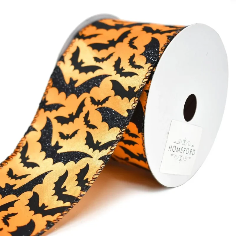 glitter orange black bat halloween ribbon 2 5 x 10yd