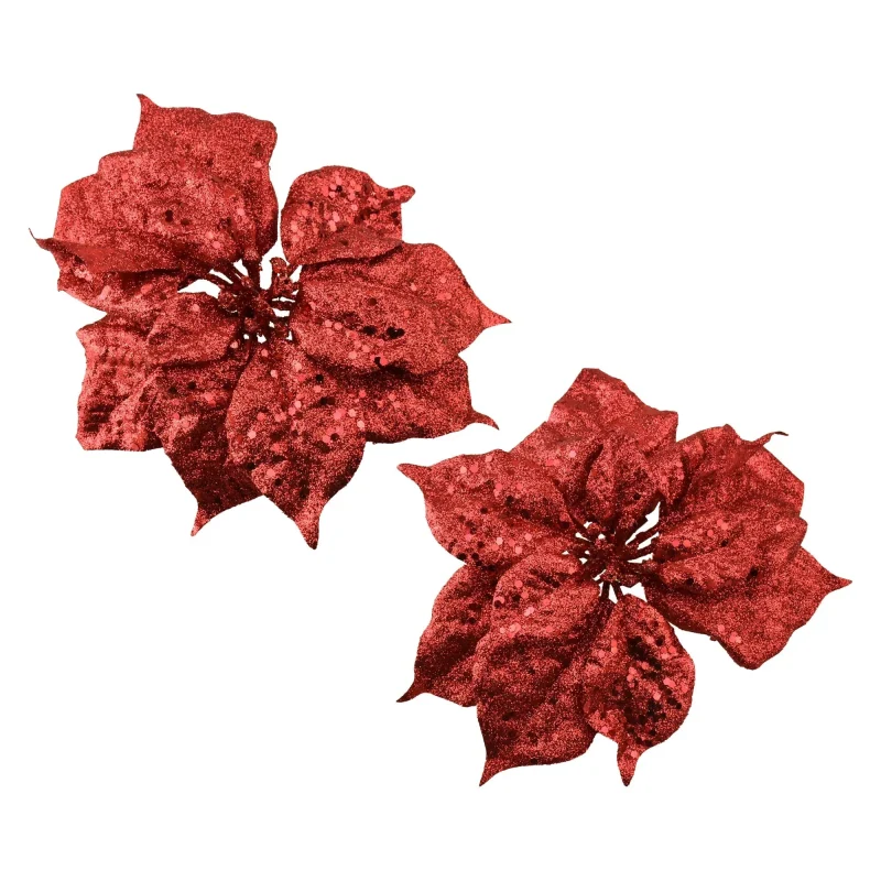 glitter poinsettia clip on decorations 8 burgundy 2 pack