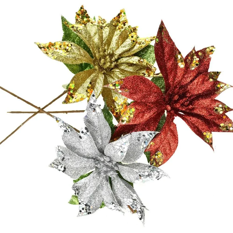 glitter poinsettia stem 15 inch holiday decor