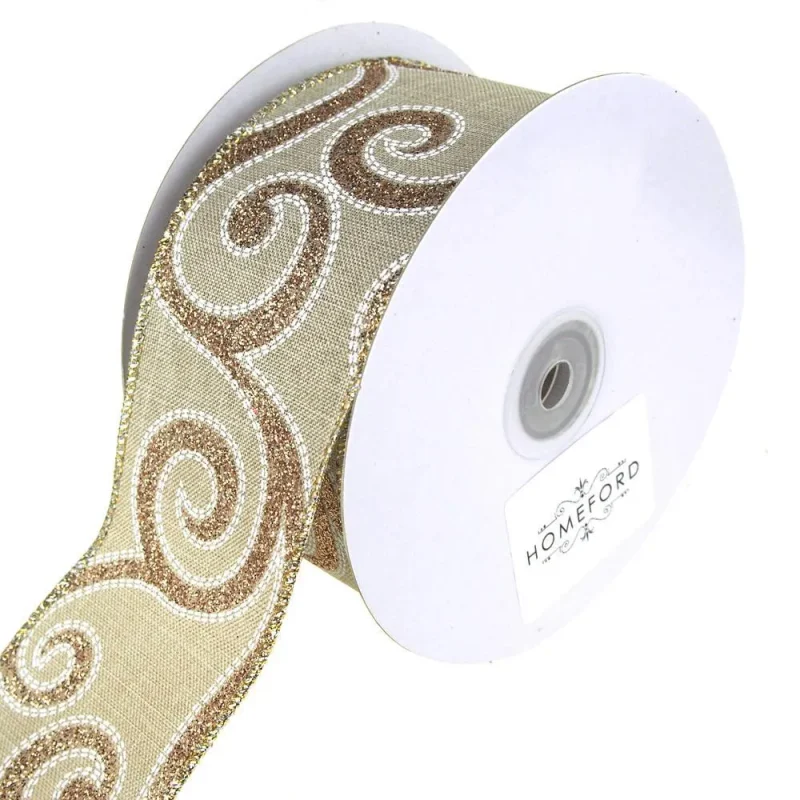 glitter scroll stitch linen christmas ribbon natural gold 2 5 x 20 yards