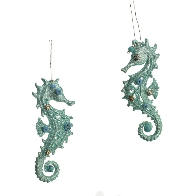 glitter seahorse christmas ornaments aqua 5 5 inch set of 2